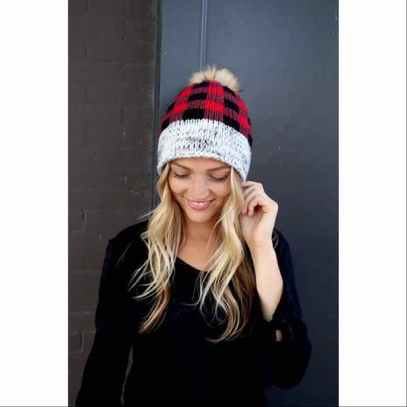 Red Buffalo Plaid Knit Hat with Pom Accent - Picture 3 of 3